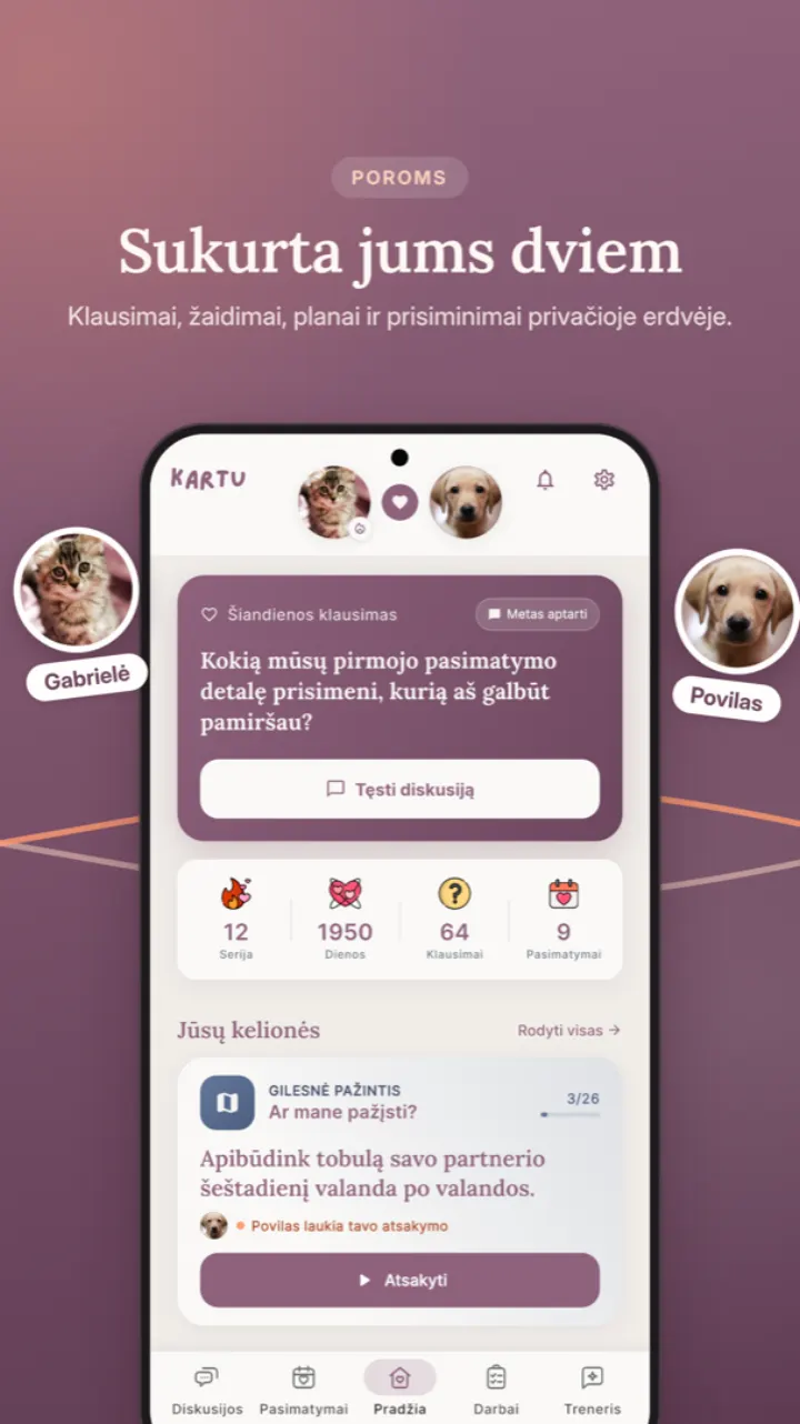 KARTU programėlės pradžios ekranas